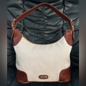 BALLY Cream Canvas Bag w/Brown Leather Trim, 20.5 x 8-9 x 5
